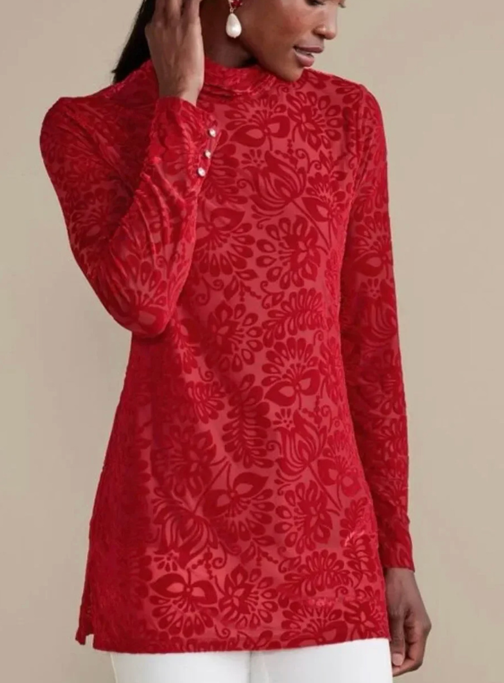 NWT Soft Surroundings Walden Velvet Turtleneck Tunic Top Blouse Red Medium